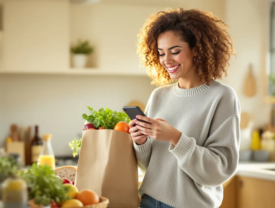 Smiling woman checking her phone next to a bag of fresh groceries in her kitchen